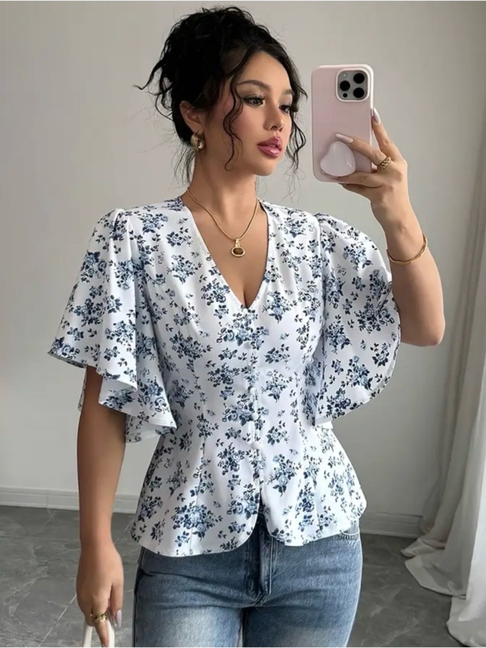 V-Neck Peplum Blouse with Flutter Sleeves - White with Blue Floral